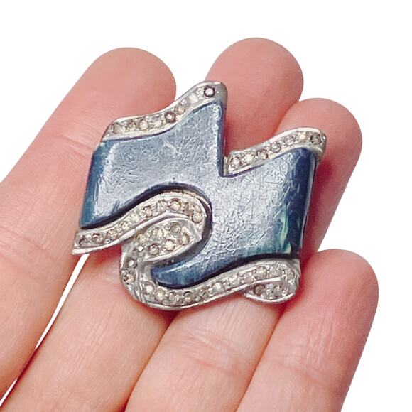 Vintage 1930s Art Deco Silver Tone Brooch w Rhinestones & Blue Galalith - Picture 2 of 14